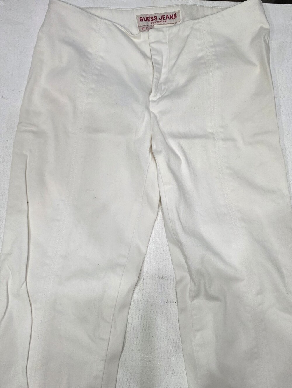 Vintage Y2K Guess White Low Rise Straight Leg Pants Front Seam Raw Hem Size 27